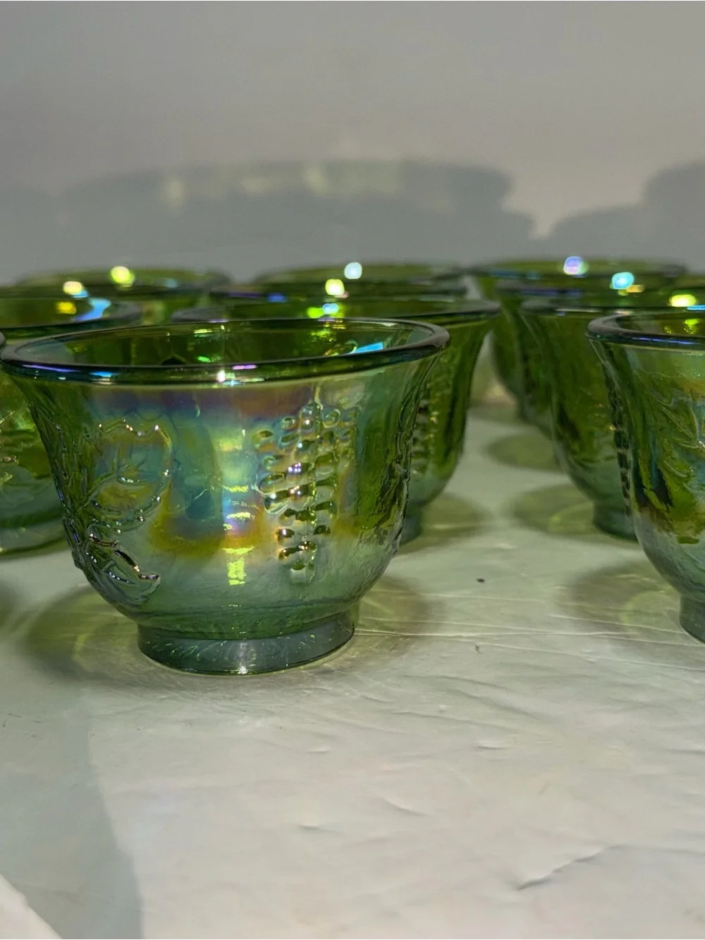 Indiana Glass Green Iridescent Grape Pattern Cups - Set of 12